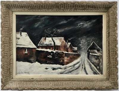 Lot 132 - Continental mid 20th century oil on canvas - snowy street scene, indistinctly signed