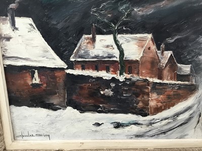 Lot 132 - Continental mid 20th century oil on canvas - snowy street scene, indistinctly signed