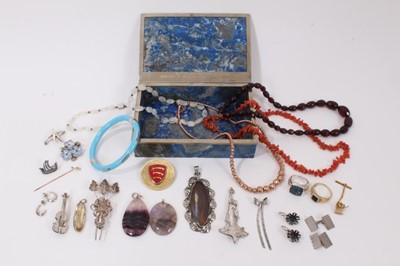 Lot 501 - Lapis lazuli box containing a vintage 'cherry amber' bead necklace, Australian bolder opal and silver mounted pendant, David Andersen silver and enamel brooch, two blue John pendants, various silve...