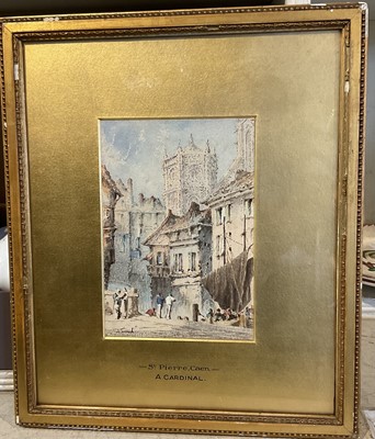 Lot 254 - A Cardinal (19th century) watercolour- continental street scene, together with a watercolour of a lion and reverse painting of a racehorse. (3)