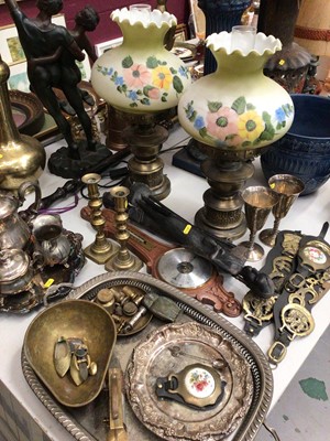 Lot 309 - Pair brass oil lamps converted to electric with glass shades, silver plated tea ware, trays, other metal ware and sundries