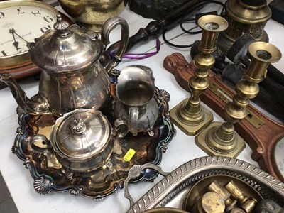 Lot 309 - Pair brass oil lamps converted to electric with glass shades, silver plated tea ware, trays, other metal ware and sundries