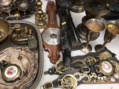 Lot 309 - Pair brass oil lamps converted to electric with glass shades, silver plated tea ware, trays, other metal ware and sundries