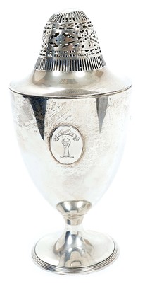 Lot 263 - Large 1930s silver caster of urn form, with applied armorial cartouche and pierced domed cover