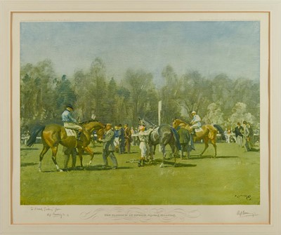 Lot 966 - *Sir Alfred Munnings signed print - The Paddock at Epsom, with dedication to Frank Girling, published by Frost & Reed, in glazed frame