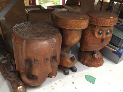 Lot 312 - Three carved wood stools/tables and carved hardwood figure