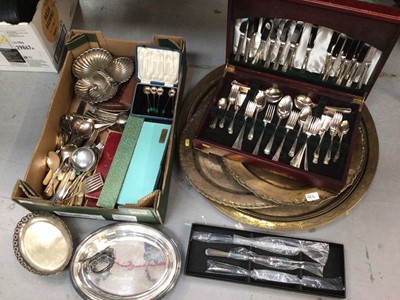 Lot 422 - Brass trays, canteen of plated cutlery, other flatware and metalware