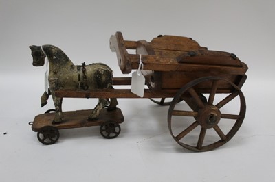 Lot 1812 - Antique carved wooden toy horse and cart together with Pelham puppet in box 'Gypsy' (2)