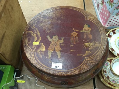 Lot 457 - Collection of Chinese green stone/glass ornaments in a circular Chinese red lacquered box