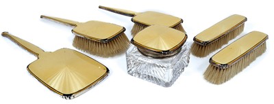 Lot 332 - 1930s Art Deco silver and yellow guilloché enamel dressing table set
