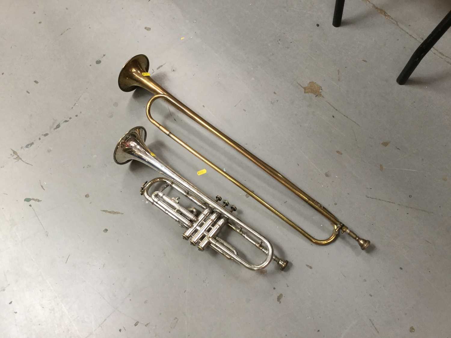 Lot 421 - Silver plated trumpet and a brass fanfare trumpet