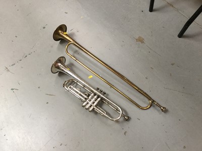 Lot 421 - Silver plated trumpet and a brass fanfare trumpet