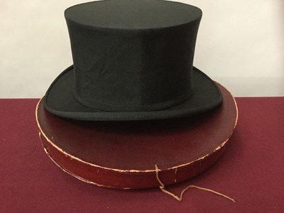 Lot 2097 - Group of vintage and other hats to include silk stove hat with curled brim by Pliable Consol, collapsible top hat in original box and others