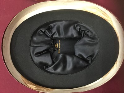 Lot 2097 - Group of vintage and other hats to include silk stove hat with curled brim by Pliable Consol, collapsible top hat in original box and others