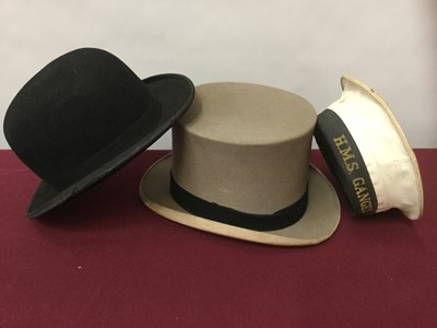 Lot 2097 - Group of vintage and other hats to include silk stove hat with curled brim by Pliable Consol, collapsible top hat in original box and others