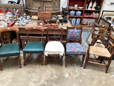 Lot 1118 - 19th century country rail back elbow chair with rush seat, pair of Victorian mahogany dining chairs and two Edwardian chairs (5)