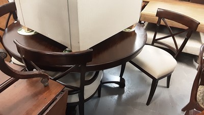 Lot 1121 - Modern Ethan Allen designed dining table, the circular top extending to take a central leaf, on faceted column and plateau base, together with four American dining chairs