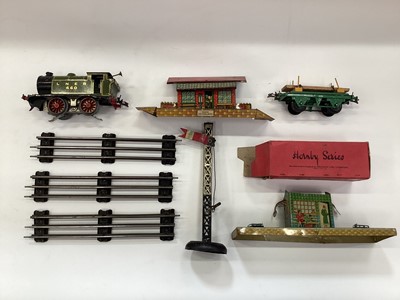 Lot 1873 - Railway O gauge, 3 rail locomotive, boxed Hornby EM320 tank goods train items and vintage toys