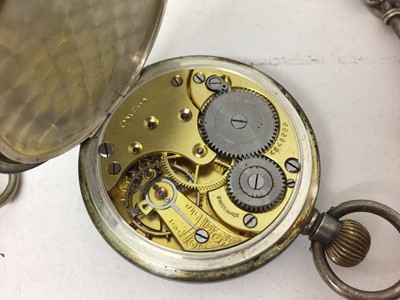 Lot 63 - Omega silver pocket watch, Victorian silver full hunter pocket watch, two silver watch chains, one other chain with silver vesta fob, plus various coins within a vintage tin