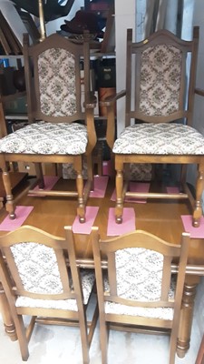 Lot 1139 - Set of six Old Charm style dining chairs and a similar extending dining table plus 2 Ercol chairs