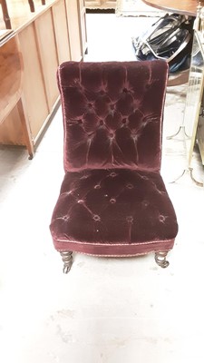 Lot 1128 - Victorian nursing chair with claret velvet buttoned back upholstery, on turned legs and castors