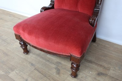 Lot 86 - Late Victorian mahogany framed nursing chair with red buttoned back upholstery, on turned front legs