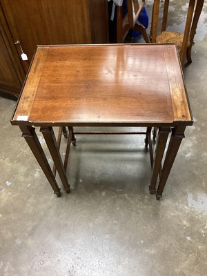 Lot 1133 - Nest of two tables, two Edwardian bedroom chairs, pokerwork two tier table and a beech framed rocking chair (5)