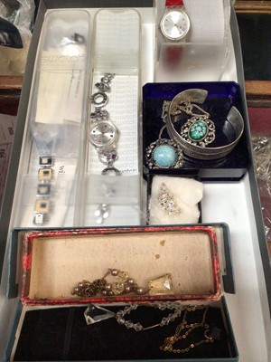 Lot 907 - Silver bangle, three Swatch watches and vintage costume jewellery