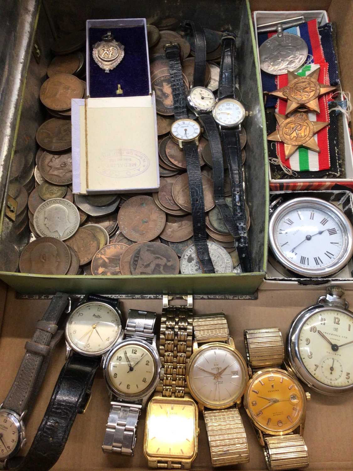 Lot 972 - Vintage wristwatches, two Ingersoll pocket watches, WWII medals and collection of coins