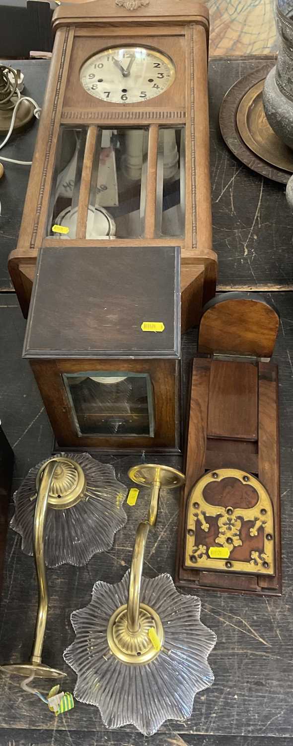 Lot 165 - 1930s wall clock, Victorian walnut book slide, pair Edwardian style wall lights and an Edwardian smokers cabinet