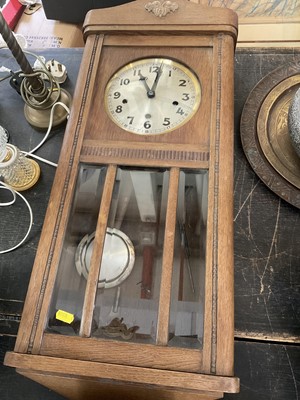Lot 165 - 1930s wall clock, Victorian walnut book slide, pair Edwardian style wall lights and an Edwardian smokers cabinet