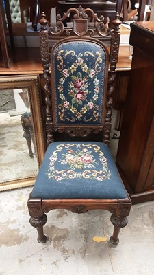 Lot 1316 - Victorian oak framed high back hall chair with barely twist supports and floral needlework seat and back