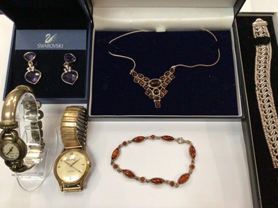 Lot 934 - Silver bracelet, silver and amber necklace and bracelet, pair Swarovski earrings and two wristwatches