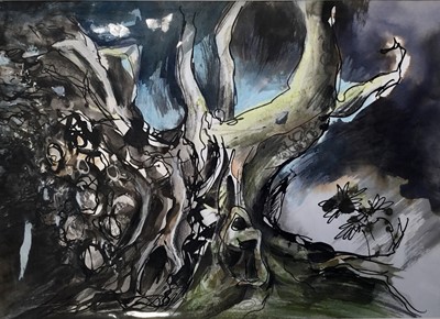 Lot 116 - Trevor Newton, contemporary, mixed media on paper - Gnarled Tree Root, Dumfries, signed, mounted