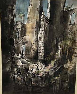 Lot 115 - Trevor Newton, contemporary, mixed media on paper - Ruins of Kenmure Castle, Dumfries, signed, titled and dated 2009 verso