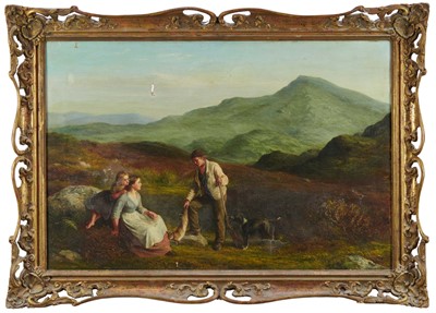 Lot 1126 - Attributed to James Hardy Jnr (1832-1889) oil on canvas - extensive landscape with country boy showing girls a hare, 90cm x 60cm, in gilt frame