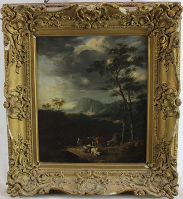 Lot 1128 - English School, early 19th century, pair of oils on canvas - extensive landscapes with figures and livestock