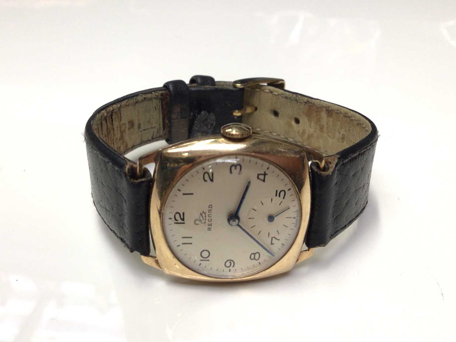 Lot 5 - Gentlemen's 9ct gold Record wristwatch on black leather strap