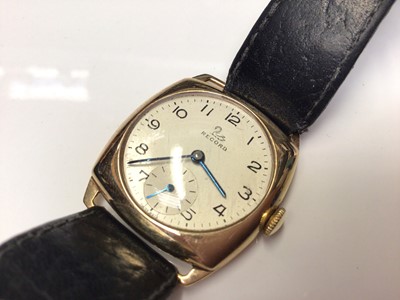 Lot 5 - Gentlemen's 9ct gold Record wristwatch on black leather strap