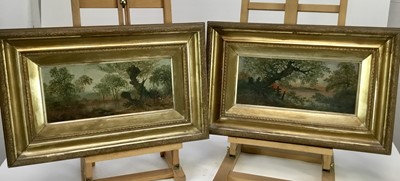 Lot 216 - English School, late 19th century, pair oils on canvas board - Rural Landscapes, 14cm x 33cm, in gilt frames