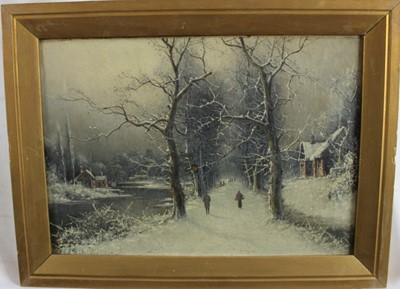 Lot 1127 - Nils Hans Christiansen (1867-1939) pair of oils on canvas - snowswept winter scenes, signed, 26cm x 36cm, in gilt frames