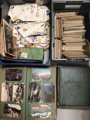 Lot 313 - Two boxes of mixed postcards, cigarette cards and albums