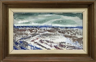 Lot 101 - Ruth Savours Rowbotham, oil on board - ‘View of Stamford from Distance’, signed, 24.5cm x 13cm, framed