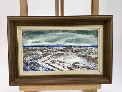 Lot 146 - Ruth Savours Rowbotham, oil on board - ‘View of Stamford from Distance’, signed, 24.5cm x 13cm, framed