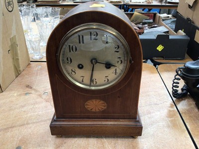 Lot 734 - Edwardian mahogany mantel clock, together with a vintage telephone