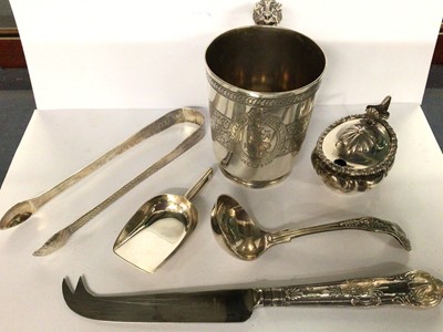 Lot 957 - French white metal christening cup, together with silver caddy spoon, Georgian silver sugar nips, other silver and plate