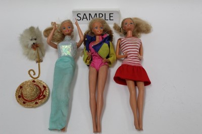 Lot 1890 - Three Vintage Sindy 033055x & three vintage Barbies, accessories, clothes etc.