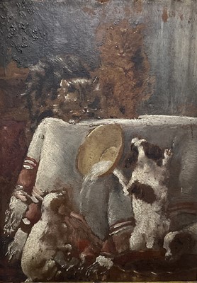 Lot 553 - Edwardian oil on paper over a printed base, laid on panel - dogs upsetting a bowl of milk from two cats, in decorative painted frame