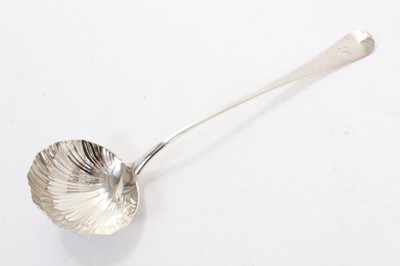 Lot 288 - George III silver Hanoverian pattern soup ladle, with shell bowl and engraved initial P