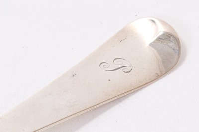 Lot 288 - George III silver Hanoverian pattern soup ladle, with shell bowl and engraved initial P